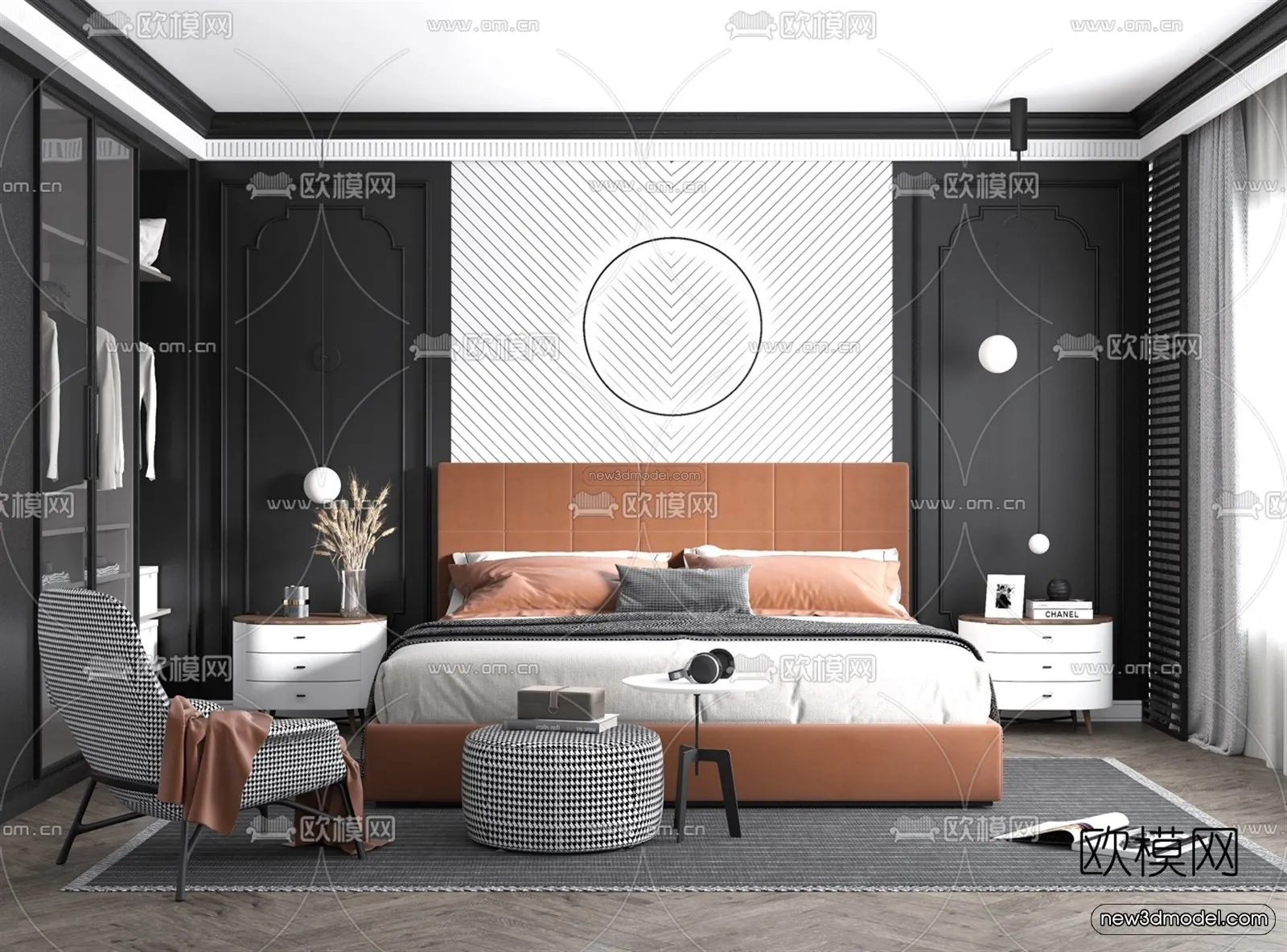 Black - White - Gray Colors Interior 3D Blocks - Bedroom 3D Scene - 199