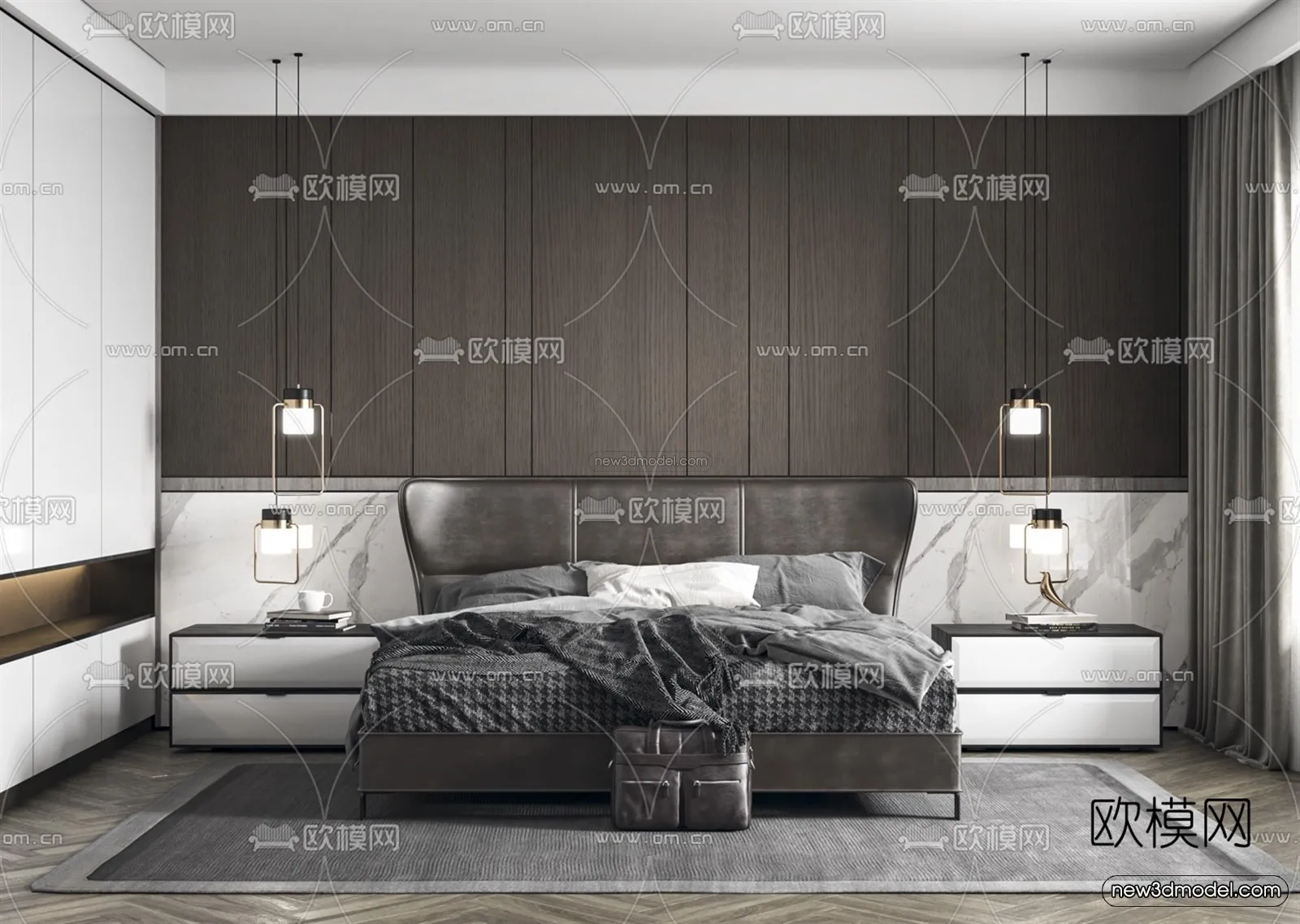 Black - White - Gray Colors Interior 3D Blocks - Bedroom 3D Scene - 200