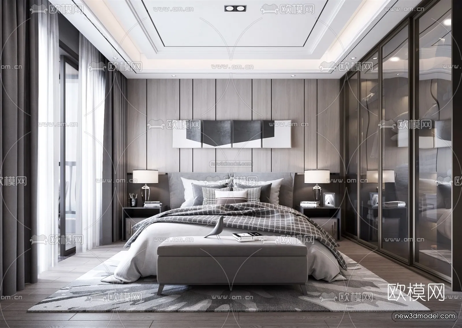Black - White - Gray Colors Interior 3D Blocks - Bedroom 3D Scene - 201