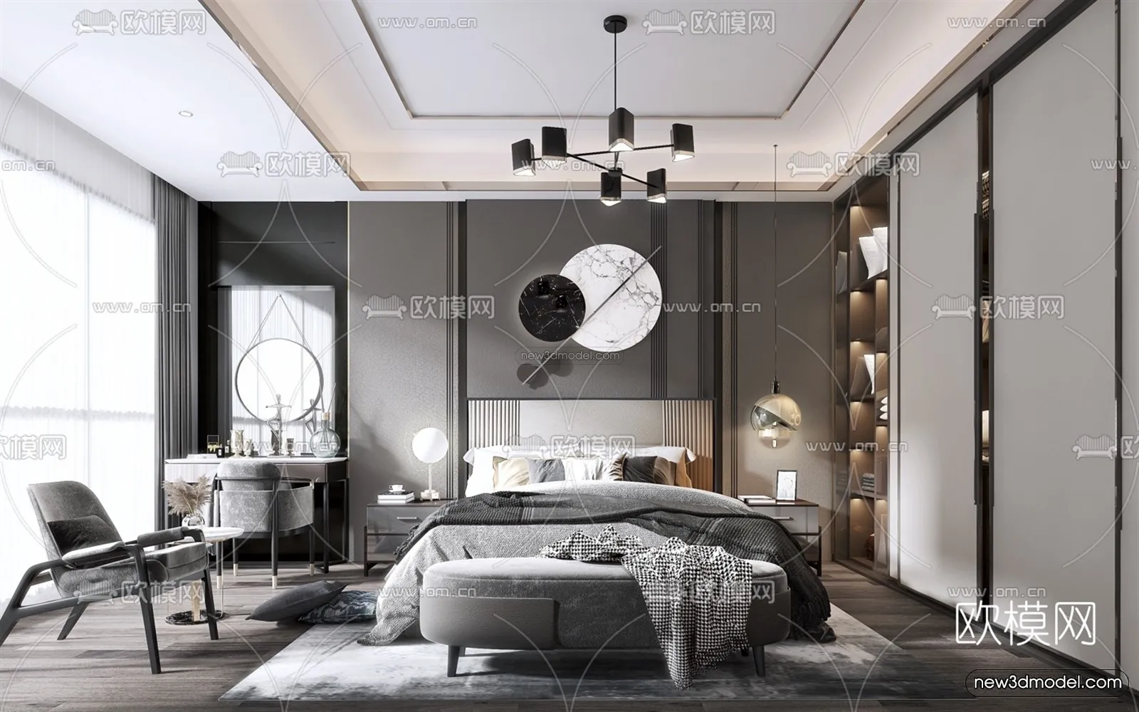 Black - White - Gray Colors Interior 3D Blocks - Bedroom 3D Scene - 203