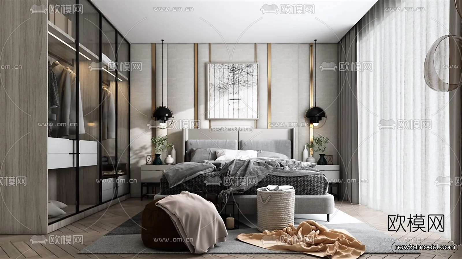 Black - White - Gray Colors Interior 3D Blocks - Bedroom 3D Scene - 204