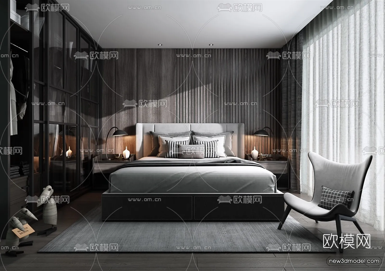 Black - White - Gray Colors Interior 3D Blocks - Bedroom 3D Scene - 205