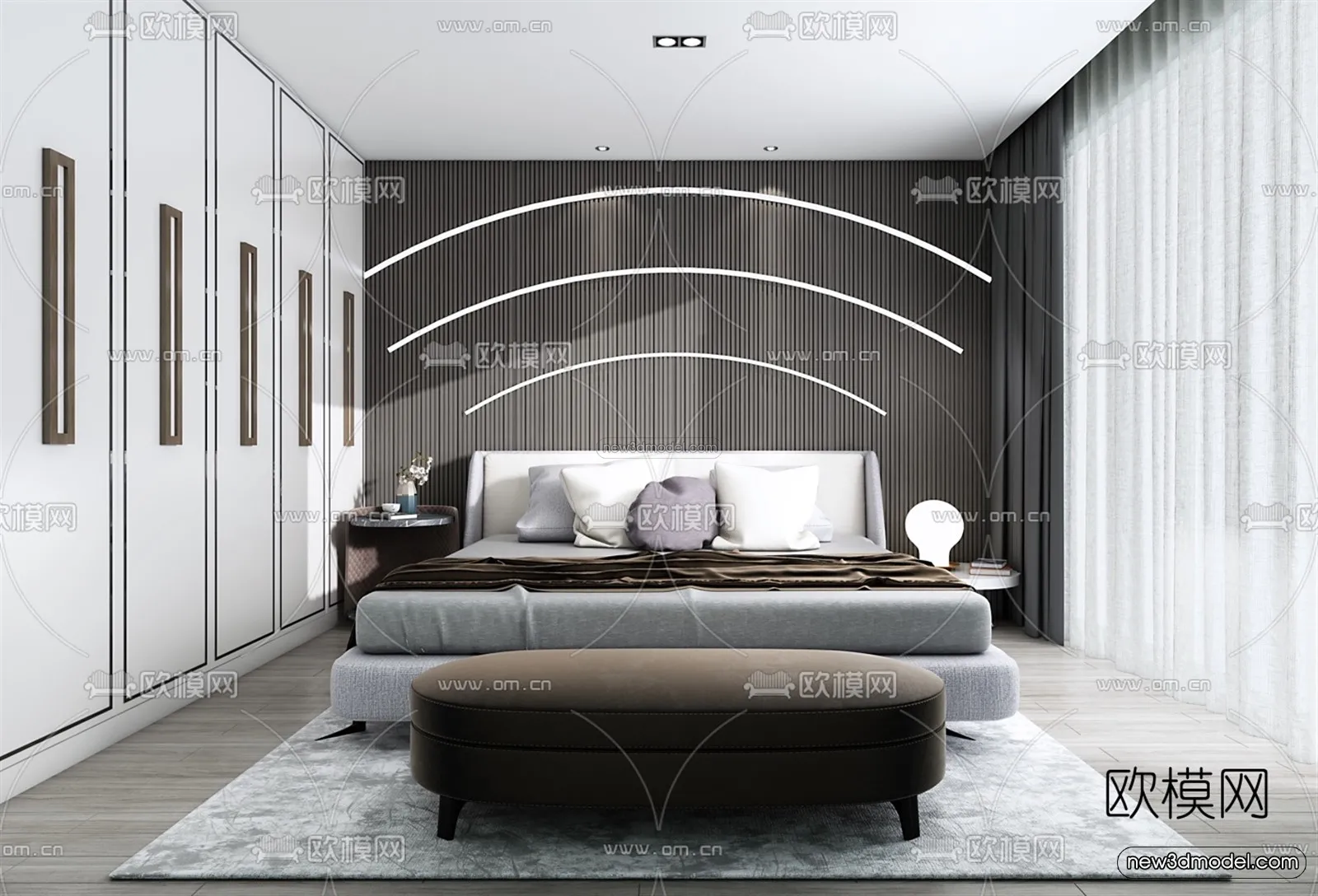 Black - White - Gray Colors Interior 3D Blocks - Bedroom 3D Scene - 206