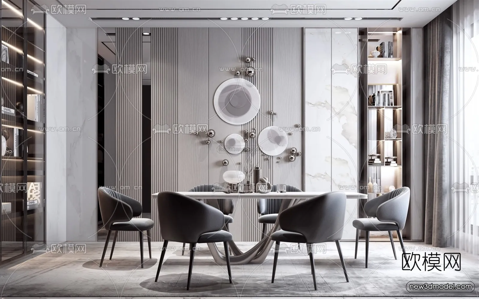 Black - White - Gray Colors Interior 3D Blocks - Dining Room 3D Scene - 133