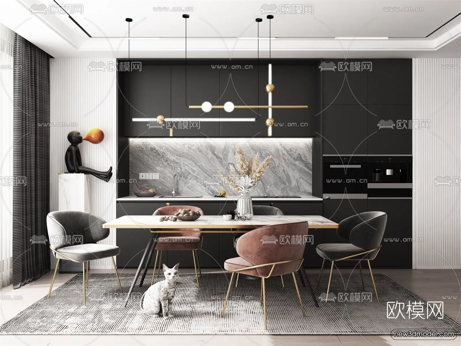 Black - White - Gray Colors Interior 3D Blocks - Dining Room 3D Scene - 134