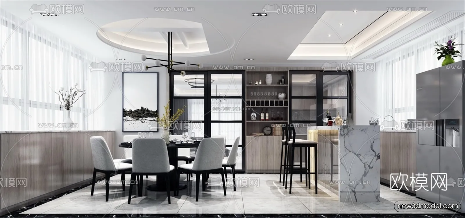 Black - White - Gray Colors Interior 3D Blocks - Dining Room 3D Scene - 135