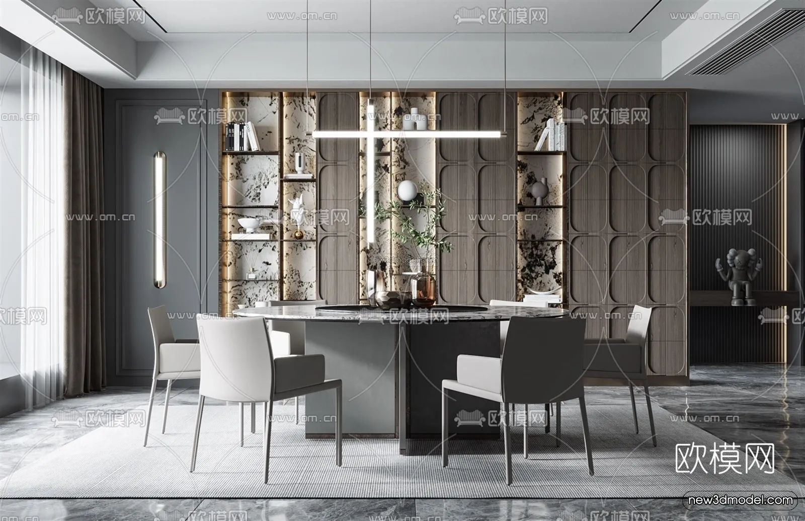 Black - White - Gray Colors Interior 3D Blocks - Dining Room 3D Scene - 137