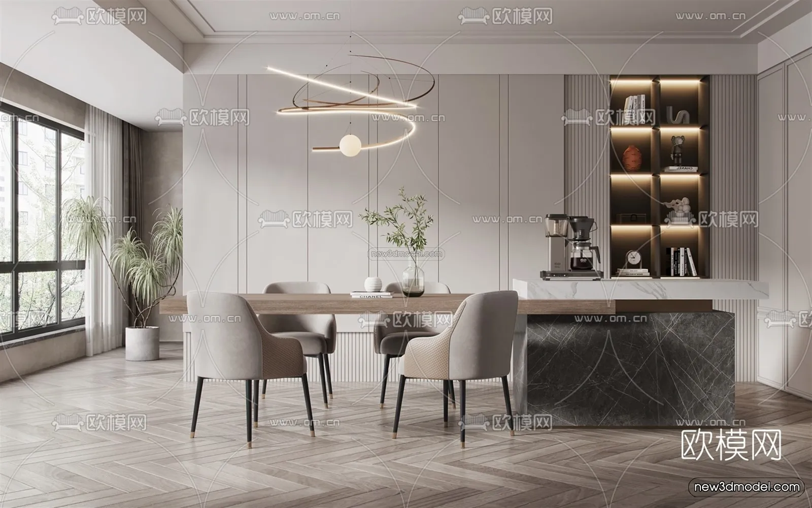 Black - White - Gray Colors Interior 3D Blocks - Dining Room 3D Scene - 138