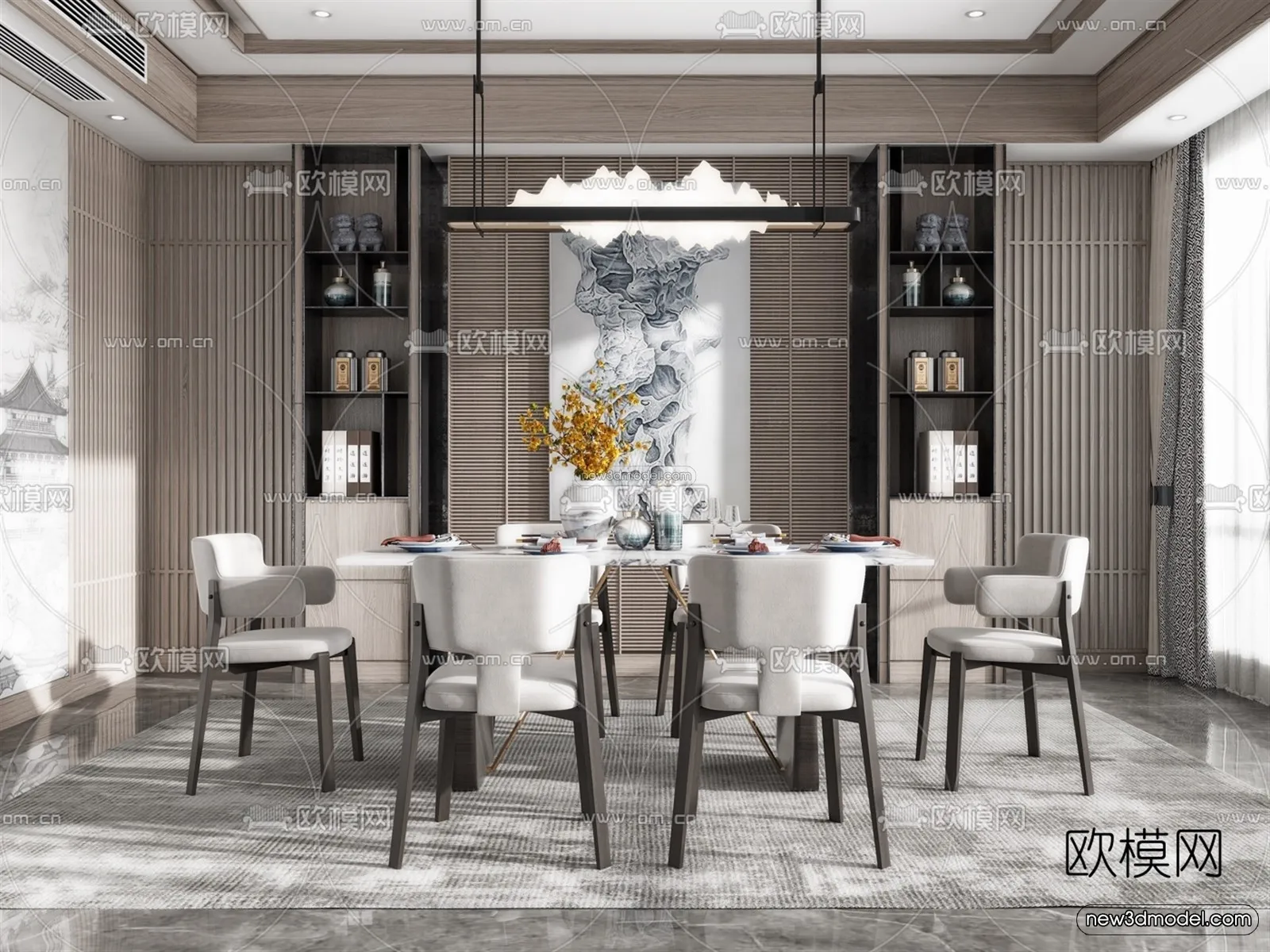 Black - White - Gray Colors Interior 3D Blocks - Dining Room 3D Scene - 140