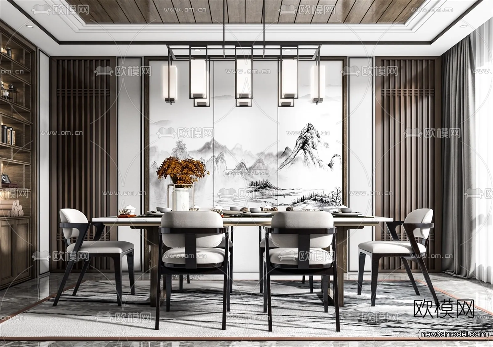 Black - White - Gray Colors Interior 3D Blocks - Dining Room 3D Scene - 141