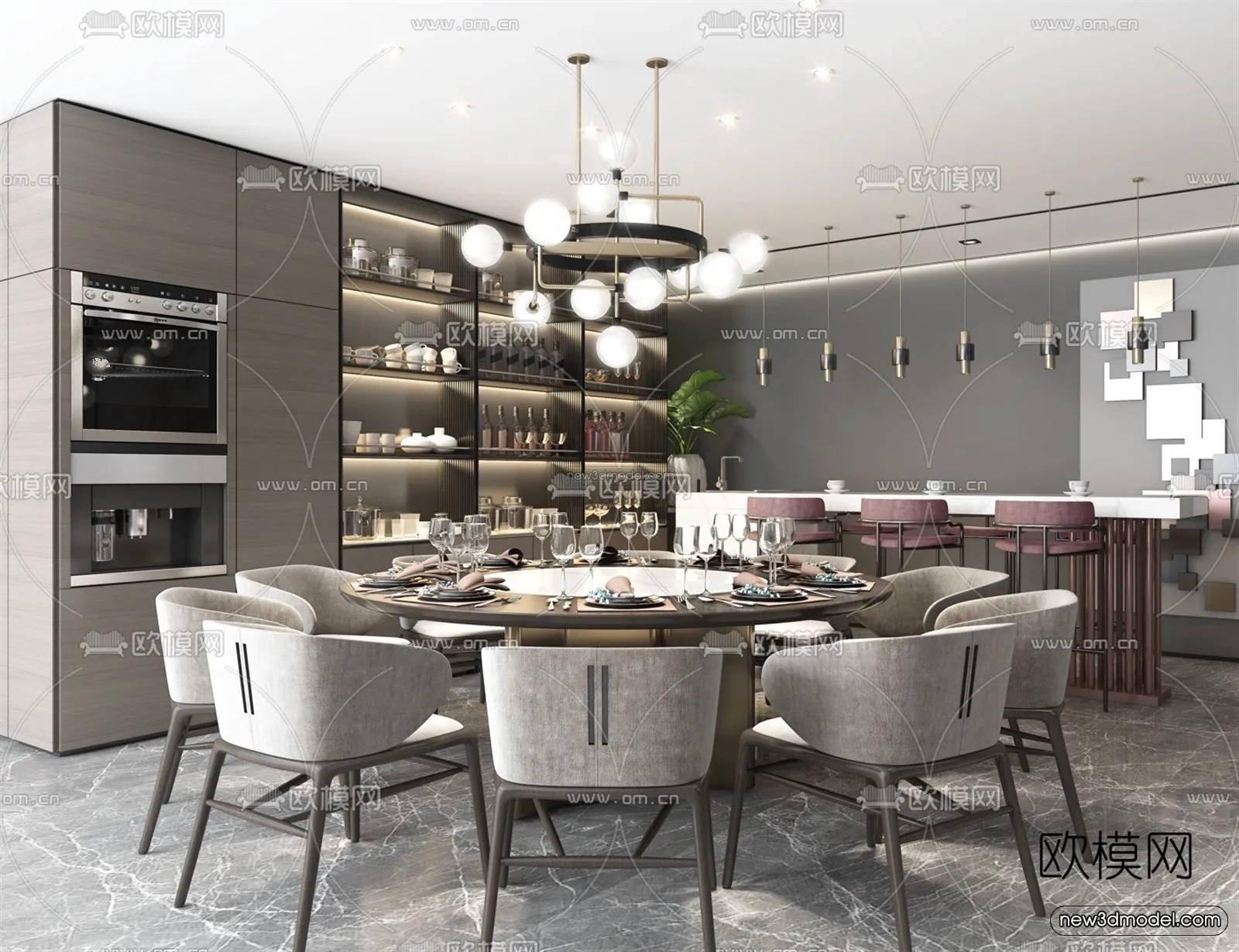 Black - White - Gray Colors Interior 3D Blocks - Dining Room 3D Scene - 142