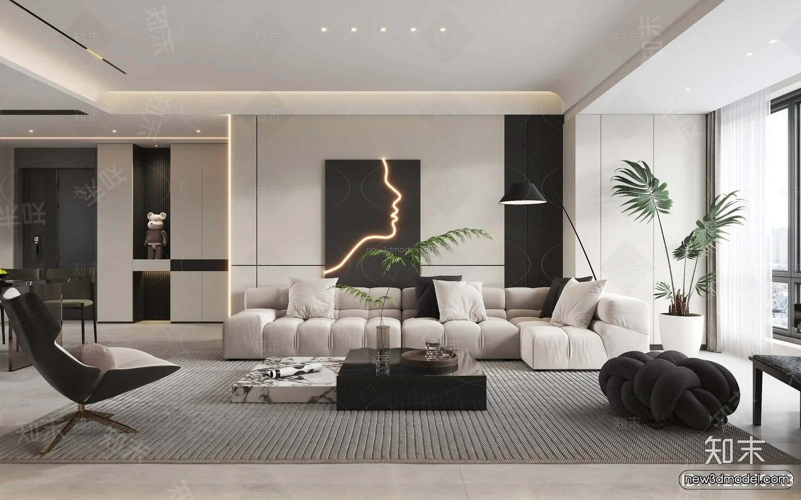 Black - White - Gray Colors Interior 3D Blocks - Living Room 3D Scene - 001