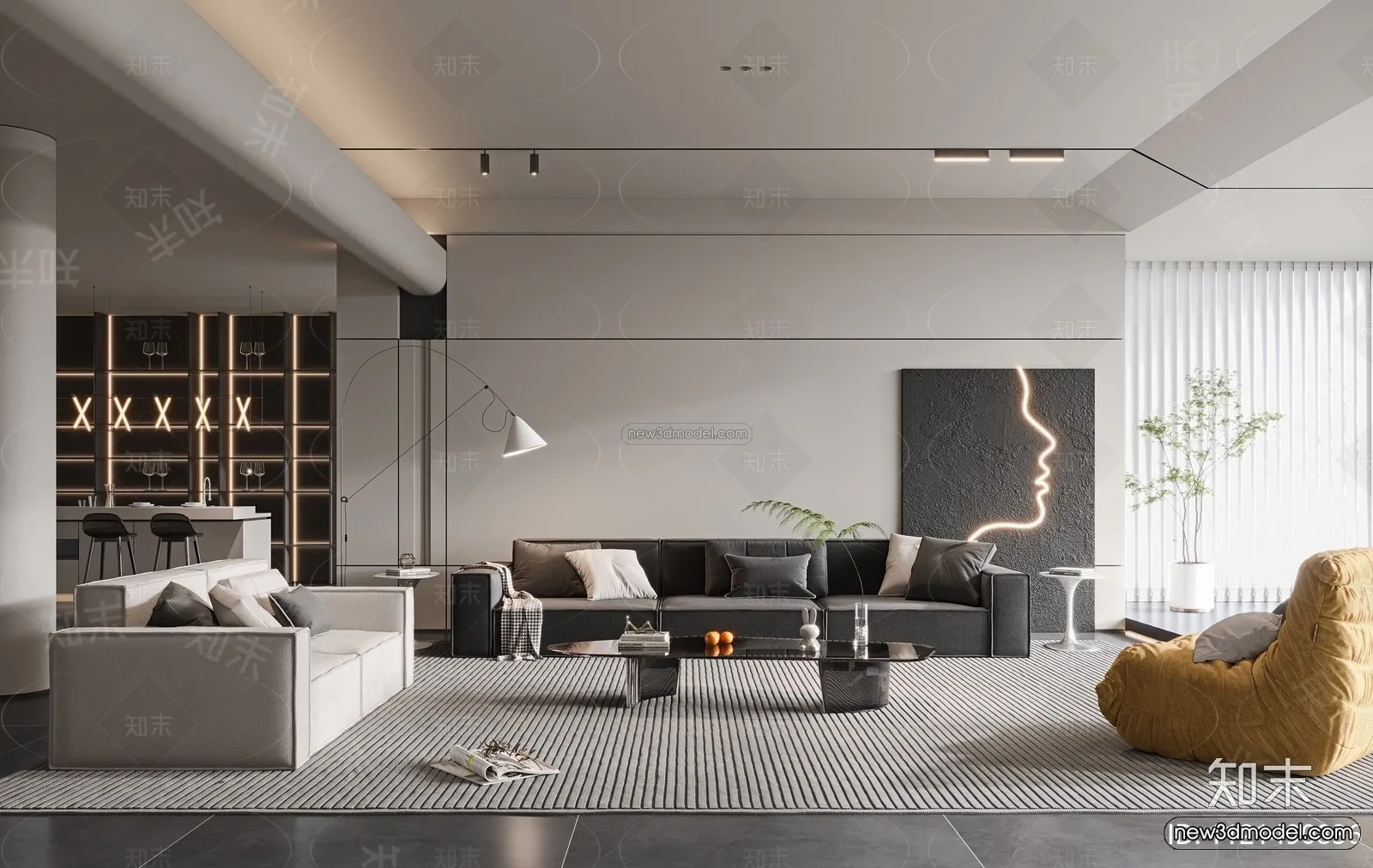 Black - White - Gray Colors Interior 3D Blocks - Living Room 3D Scene - 002