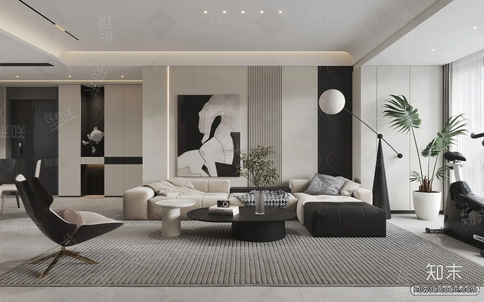 Black - White - Gray Colors Interior 3D Blocks - Living Room 3D Scene - 004