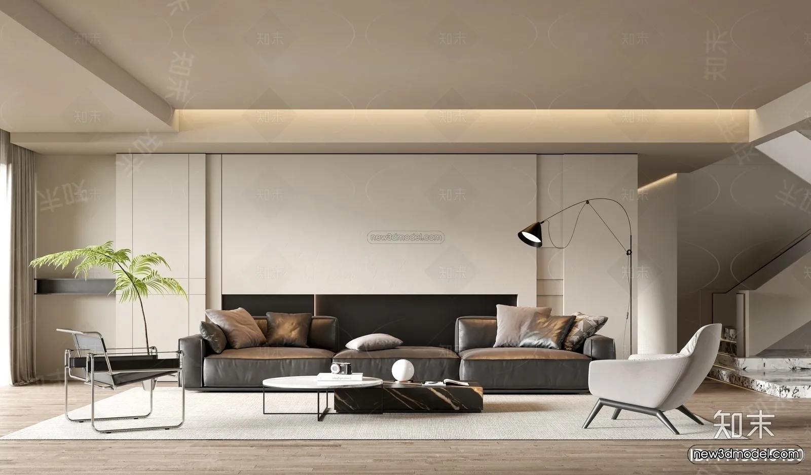 Black - White - Gray Colors Interior 3D Blocks - Living Room 3D Scene - 005