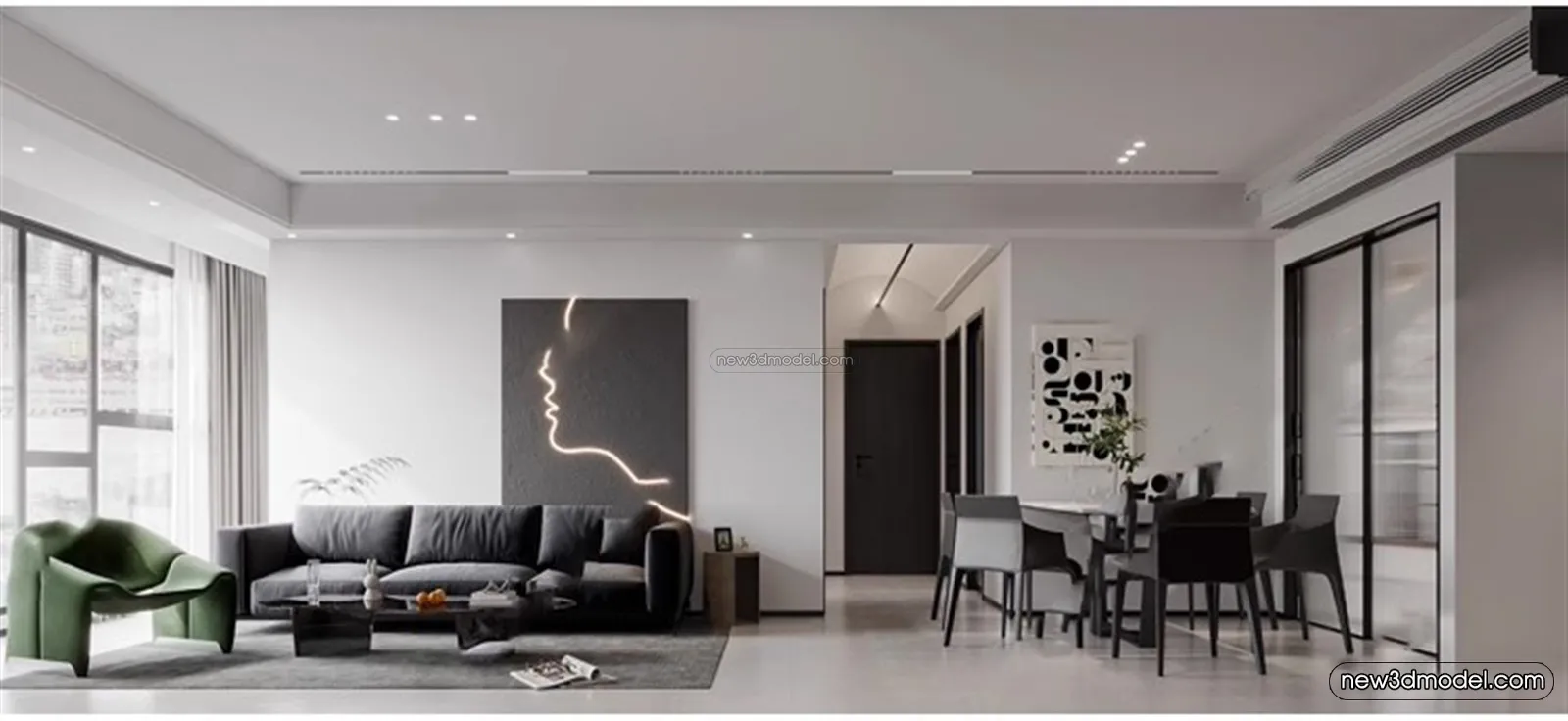 Black - White - Gray Colors Interior 3D Blocks - Living Room 3D Scene - 006