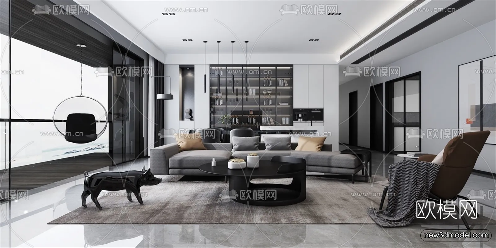 Black - White - Gray Colors Interior 3D Blocks - Living Room 3D Scene - 007