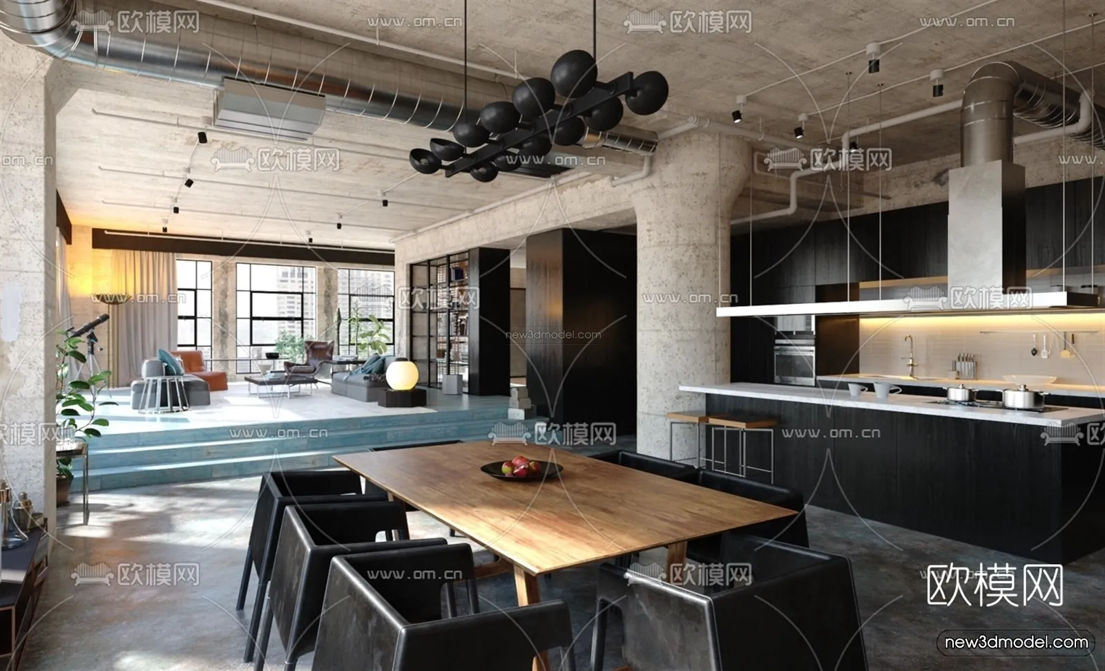 Black - White - Gray Colors Interior 3D Blocks - Living Room 3D Scene - 008
