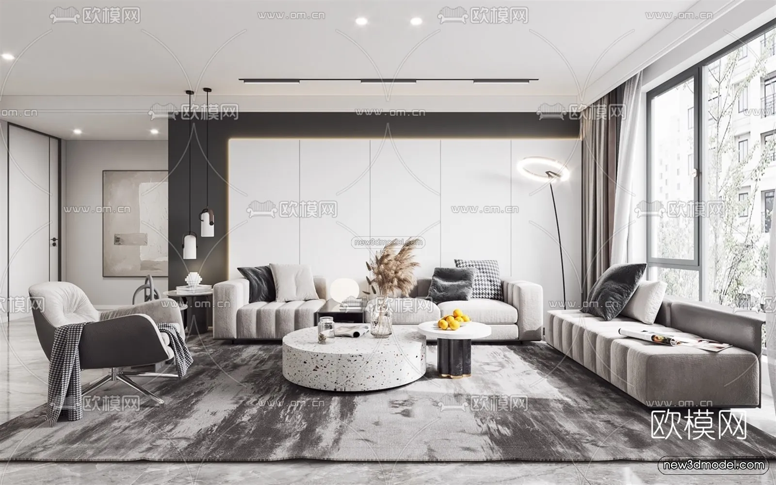 Black - White - Gray Colors Interior 3D Blocks - Living Room 3D Scene - 009