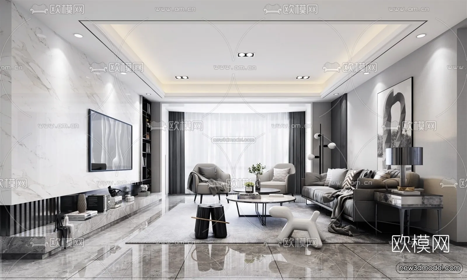 Black - White - Gray Colors Interior 3D Blocks - Living Room 3D Scene - 015
