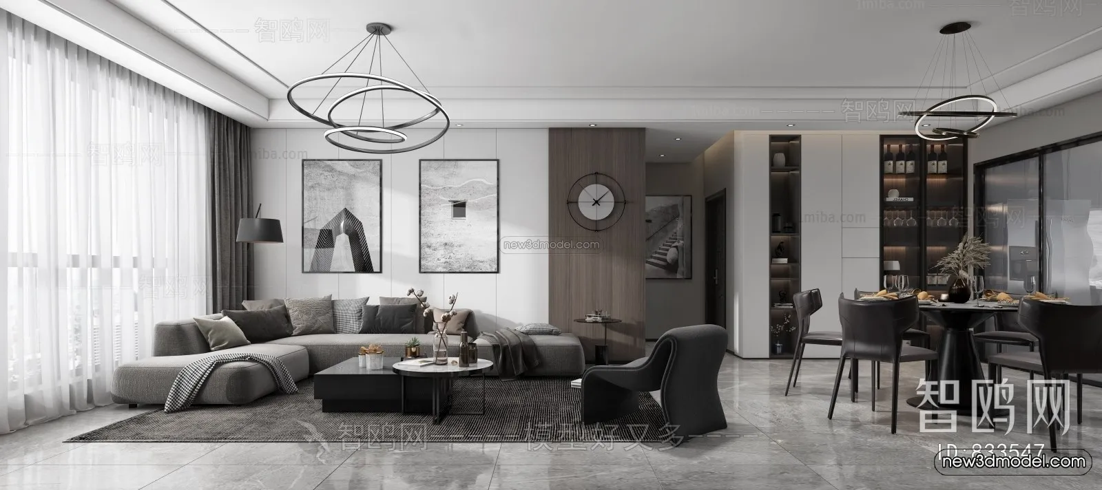 Black - White - Gray Colors Interior 3D Blocks - Living Room 3D Scene - 016