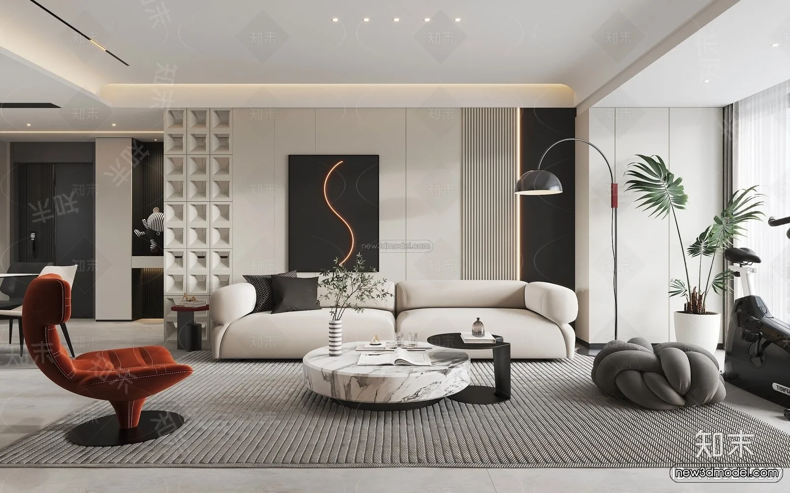 Black - White - Gray Colors Interior 3D Blocks - Living Room 3D Scene - 017