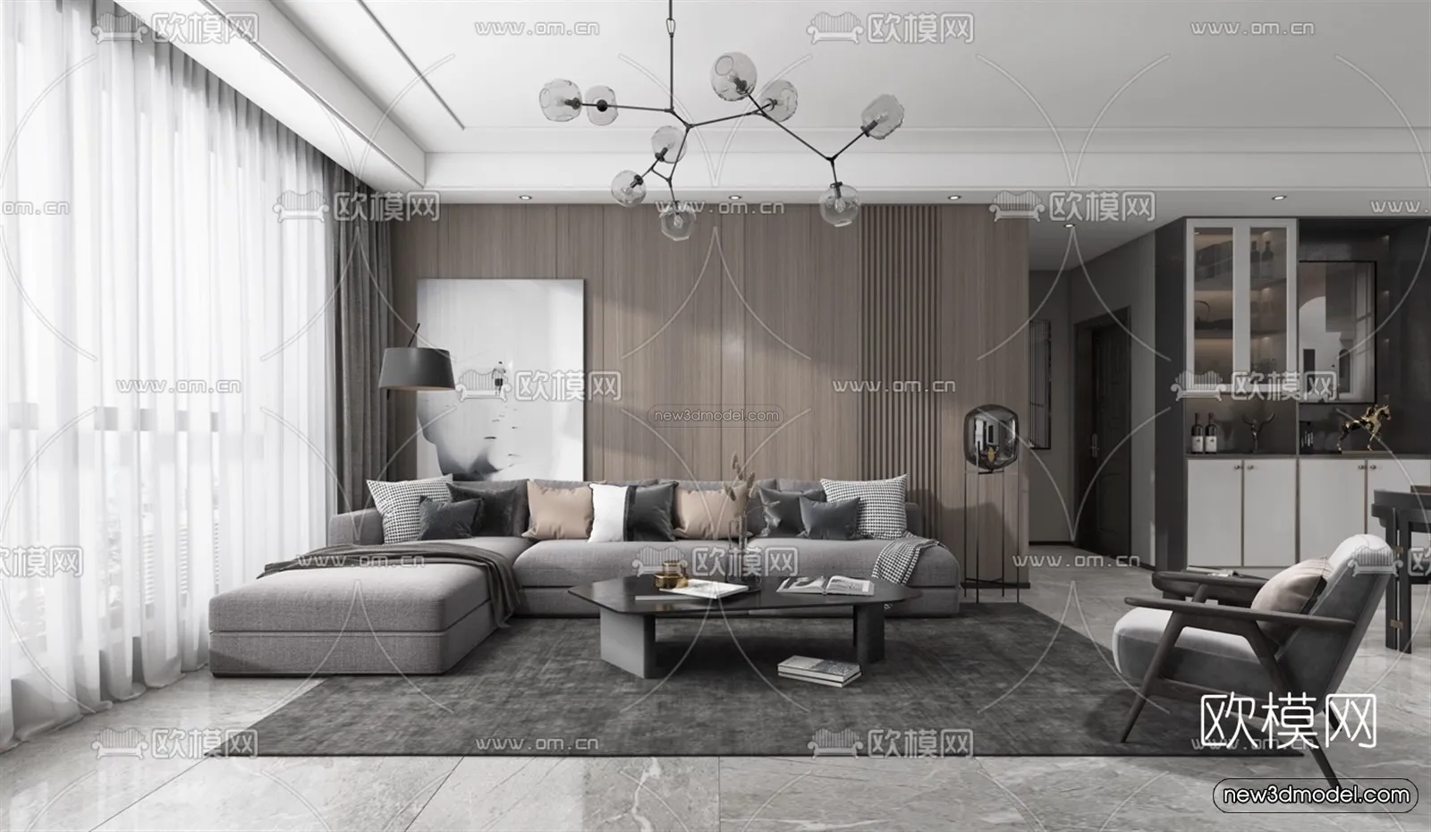 Black - White - Gray Colors Interior 3D Blocks - Living Room 3D Scene - 018
