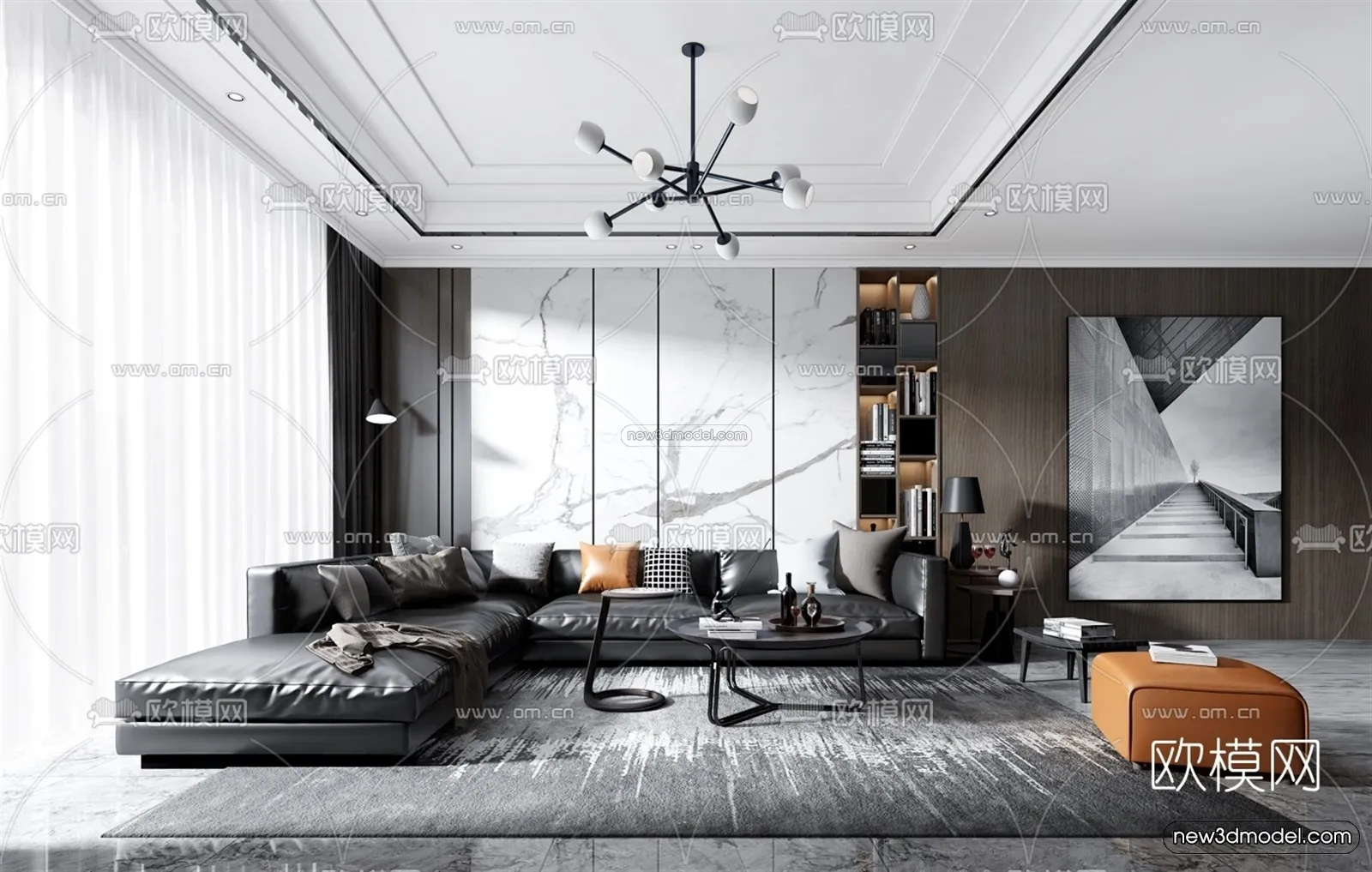 Black - White - Gray Colors Interior 3D Blocks - Living Room 3D Scene - 020