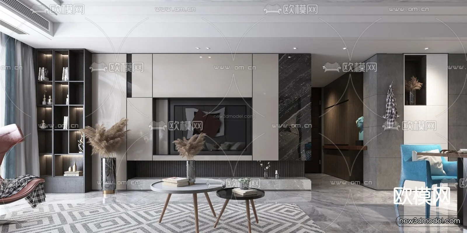 Black - White - Gray Colors Interior 3D Blocks - Living Room 3D Scene - 021