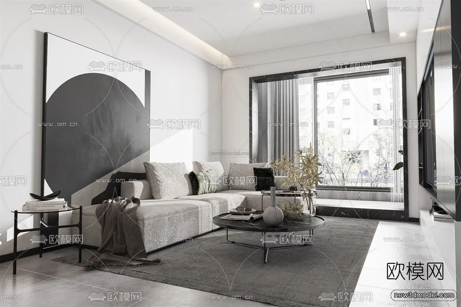 Black - White - Gray Colors Interior 3D Blocks - Living Room 3D Scene - 023