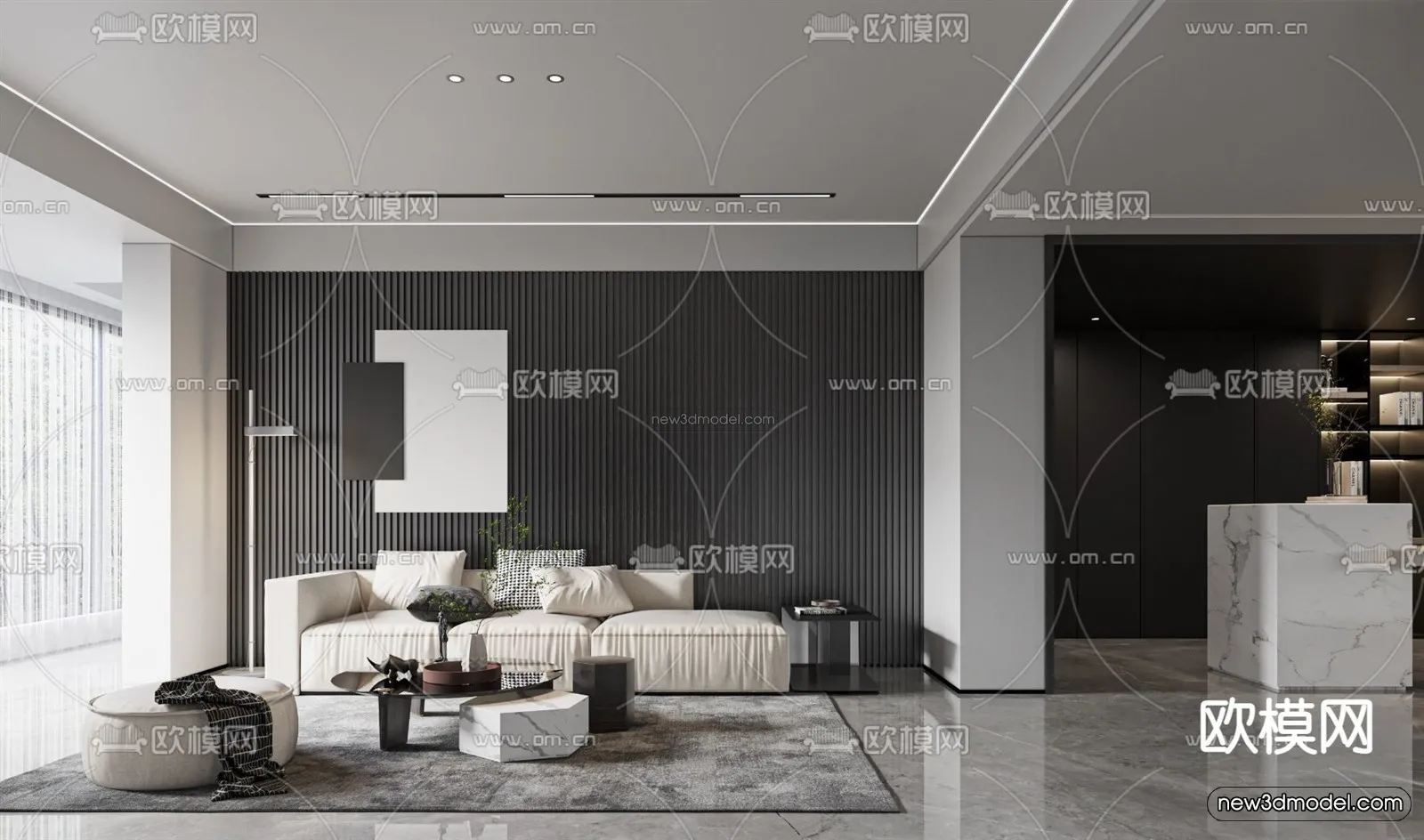 Black - White - Gray Colors Interior 3D Blocks - Living Room 3D Scene - 028