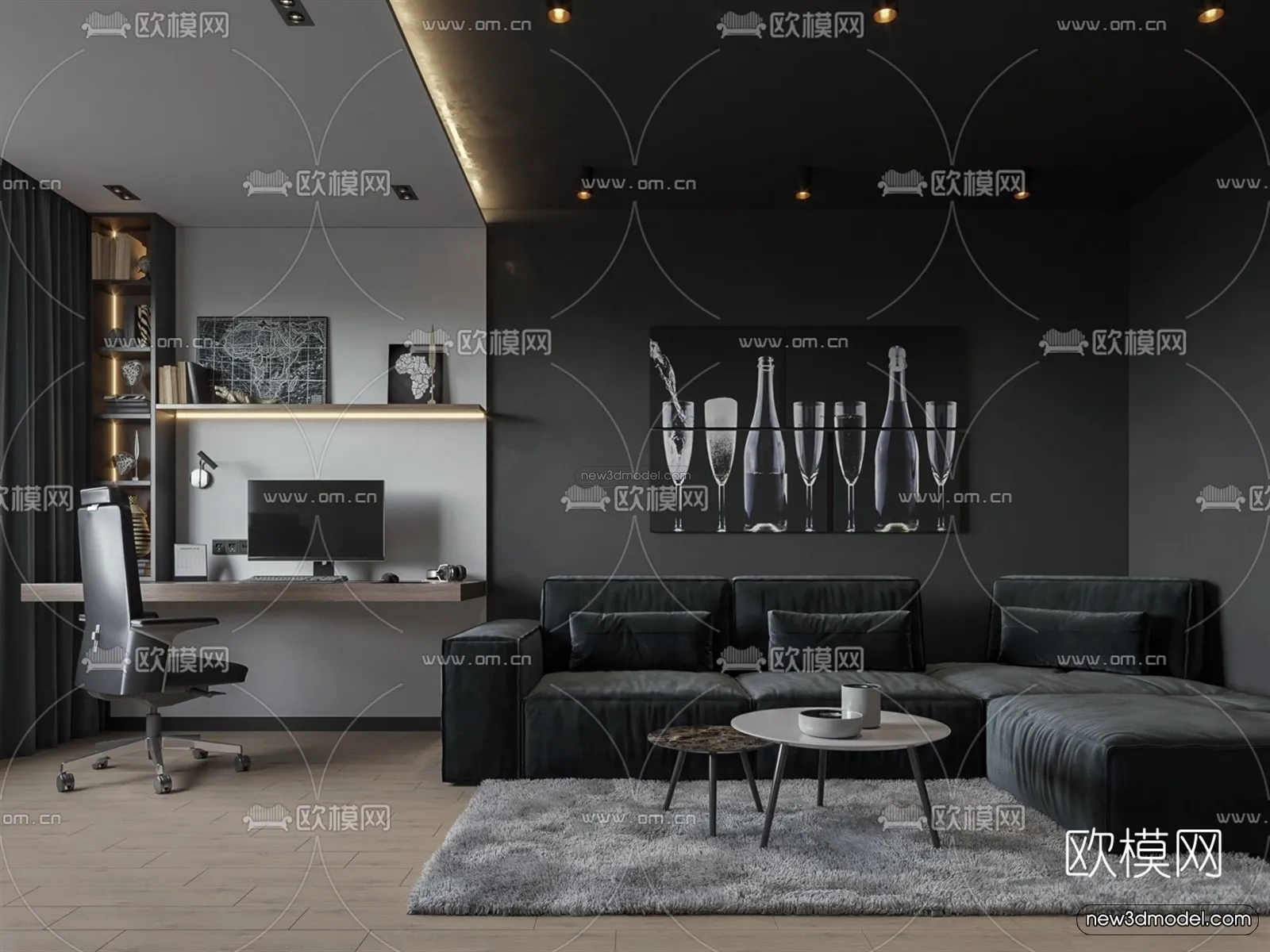 Black - White - Gray Colors Interior 3D Blocks - Living Room 3D Scene - 030