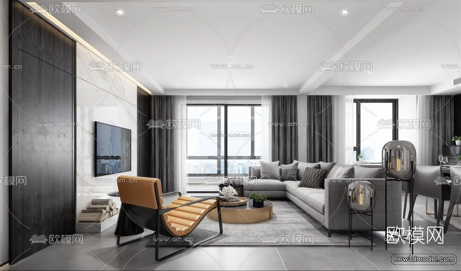 Black - White - Gray Colors Interior 3D Blocks - Living Room 3D Scene - 031
