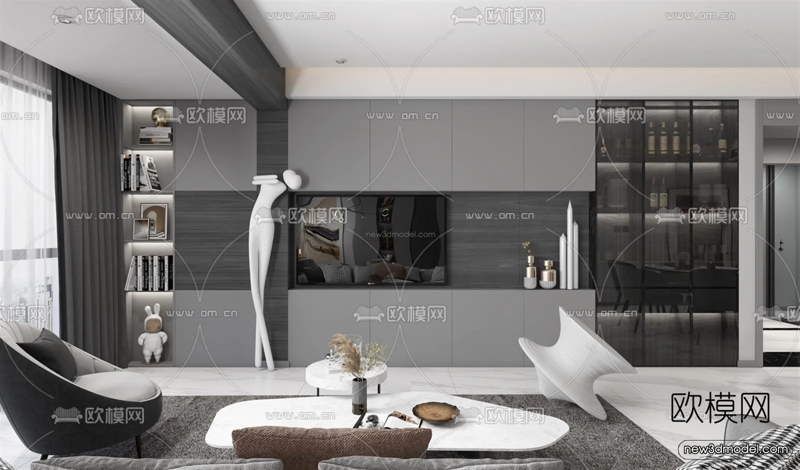 Black - White - Gray Colors Interior 3D Blocks - Living Room 3D Scene - 033