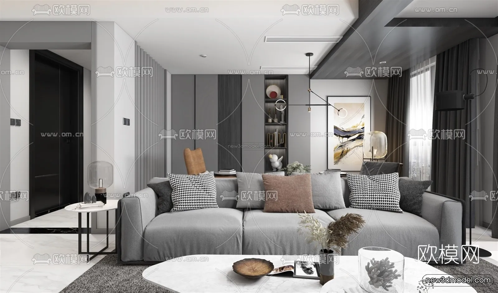 Black - White - Gray Colors Interior 3D Blocks - Living Room 3D Scene - 034