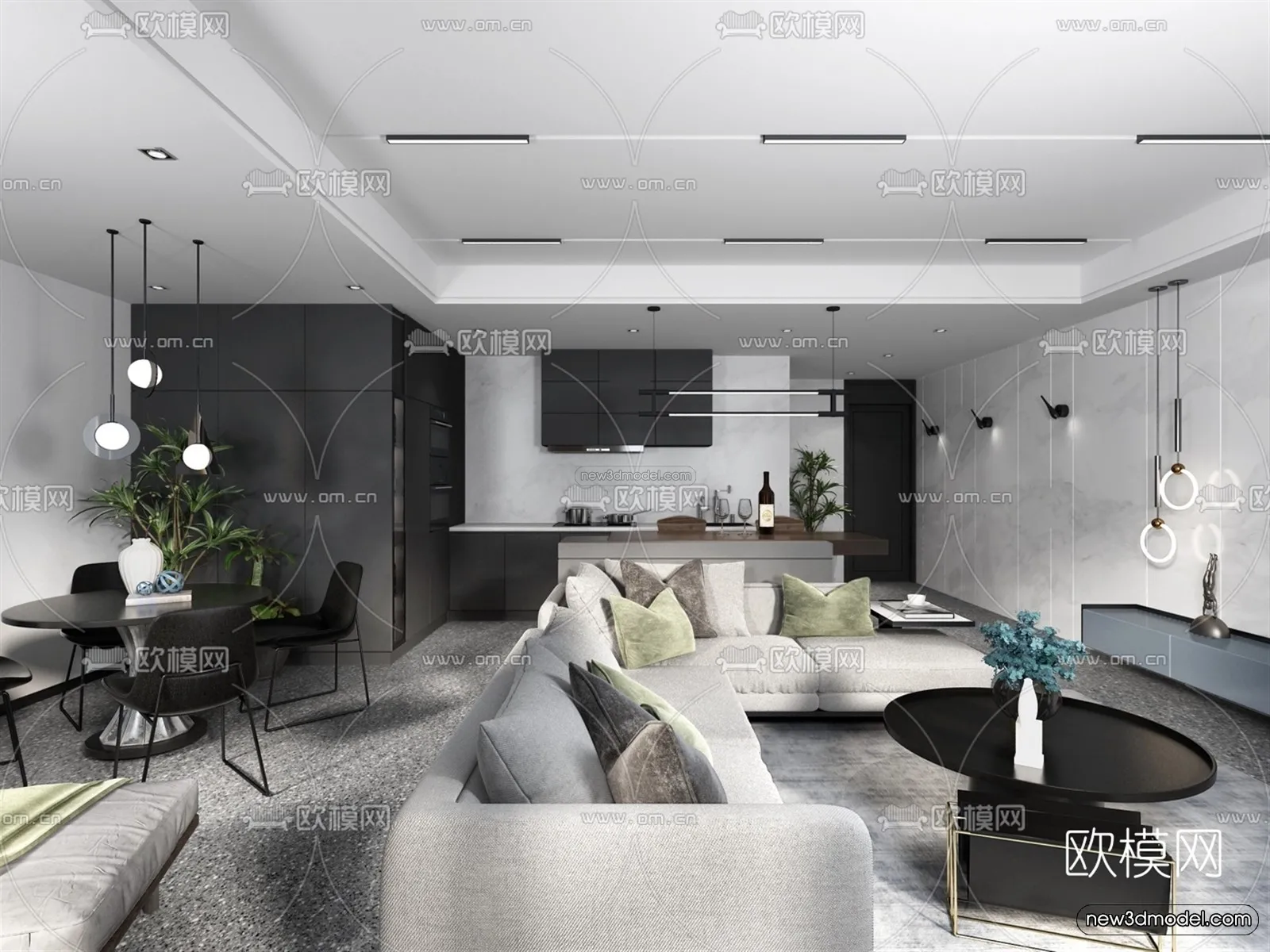 Black - White - Gray Colors Interior 3D Blocks - Living Room 3D Scene - 036