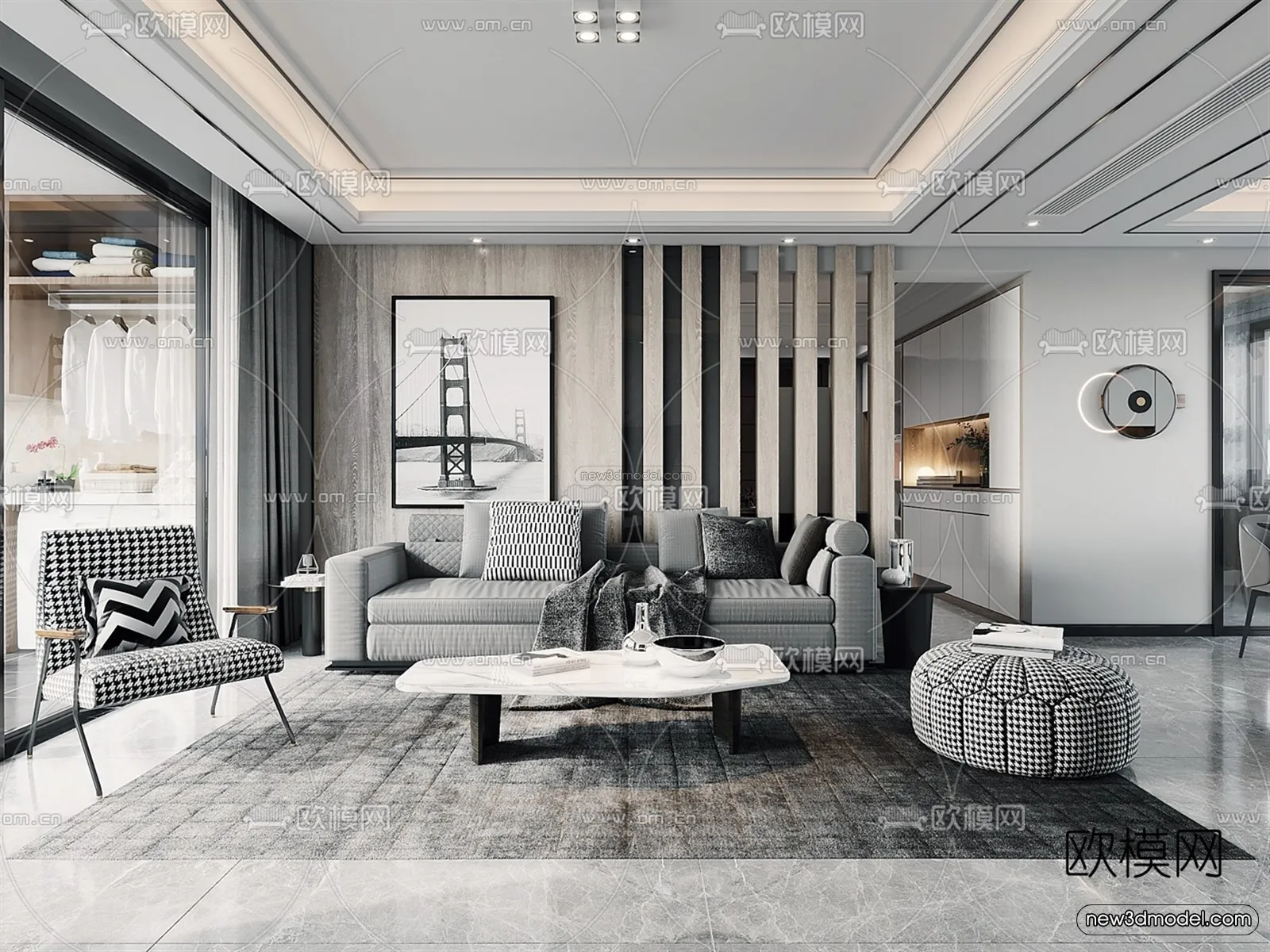 Black - White - Gray Colors Interior 3D Blocks - Living Room 3D Scene - 038