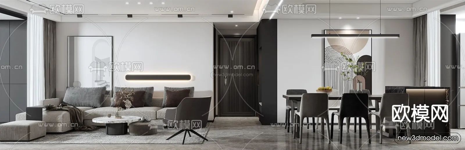 Black - White - Gray Colors Interior 3D Blocks - Living Room 3D Scene - 040