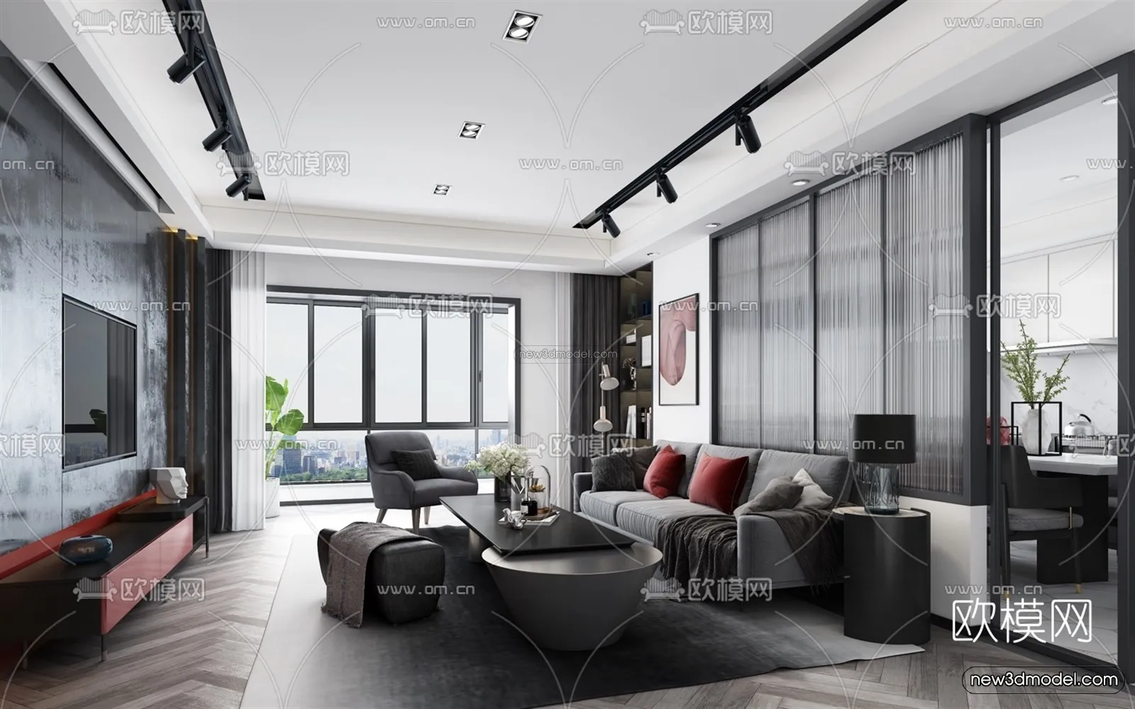 Black - White - Gray Colors Interior 3D Blocks - Living Room 3D Scene - 042