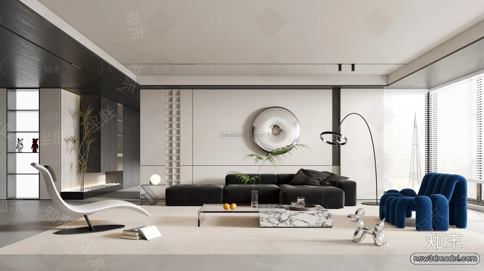 Black - White - Gray Colors Interior 3D Blocks - Living Room 3D Scene - 044