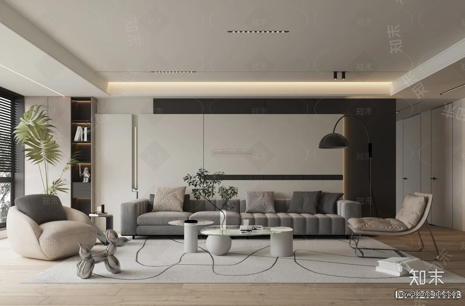 Black - White - Gray Colors Interior 3D Blocks - Living Room 3D Scene - 046