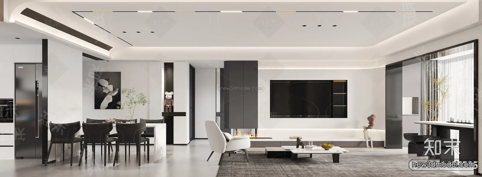 Black - White - Gray Colors Interior 3D Blocks - Living Room 3D Scene - 047