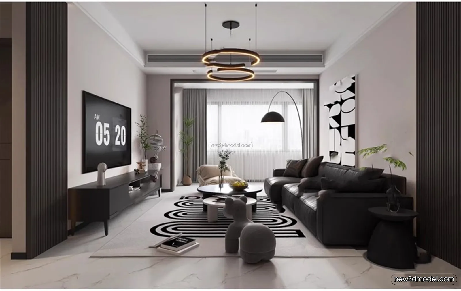 Black - White - Gray Colors Interior 3D Blocks - Living Room 3D Scene - 048