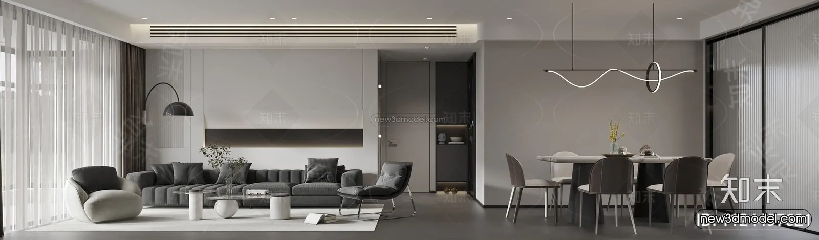 Black - White - Gray Colors Interior 3D Blocks - Living Room 3D Scene - 050