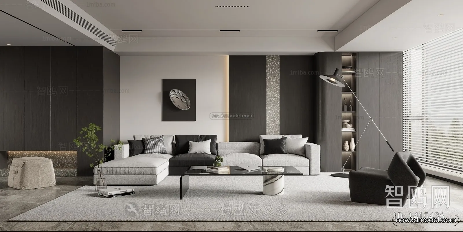 Black - White - Gray Colors Interior 3D Blocks - Living Room 3D Scene - 053