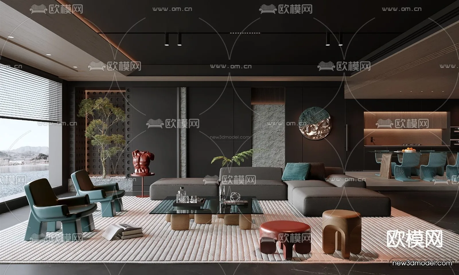 Black - White - Gray Colors Interior 3D Blocks - Living Room 3D Scene - 055