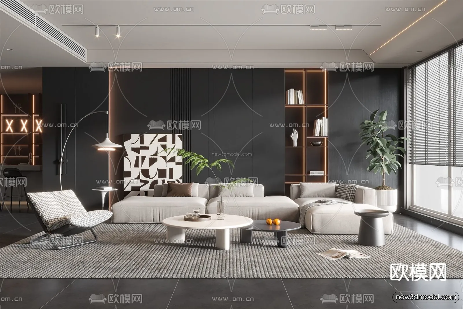 Black - White - Gray Colors Interior 3D Blocks - Living Room 3D Scene - 056