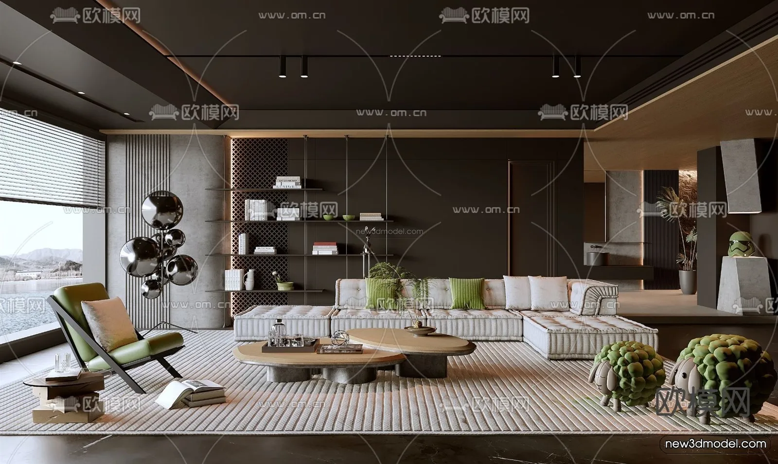 Black - White - Gray Colors Interior 3D Blocks - Living Room 3D Scene - 059