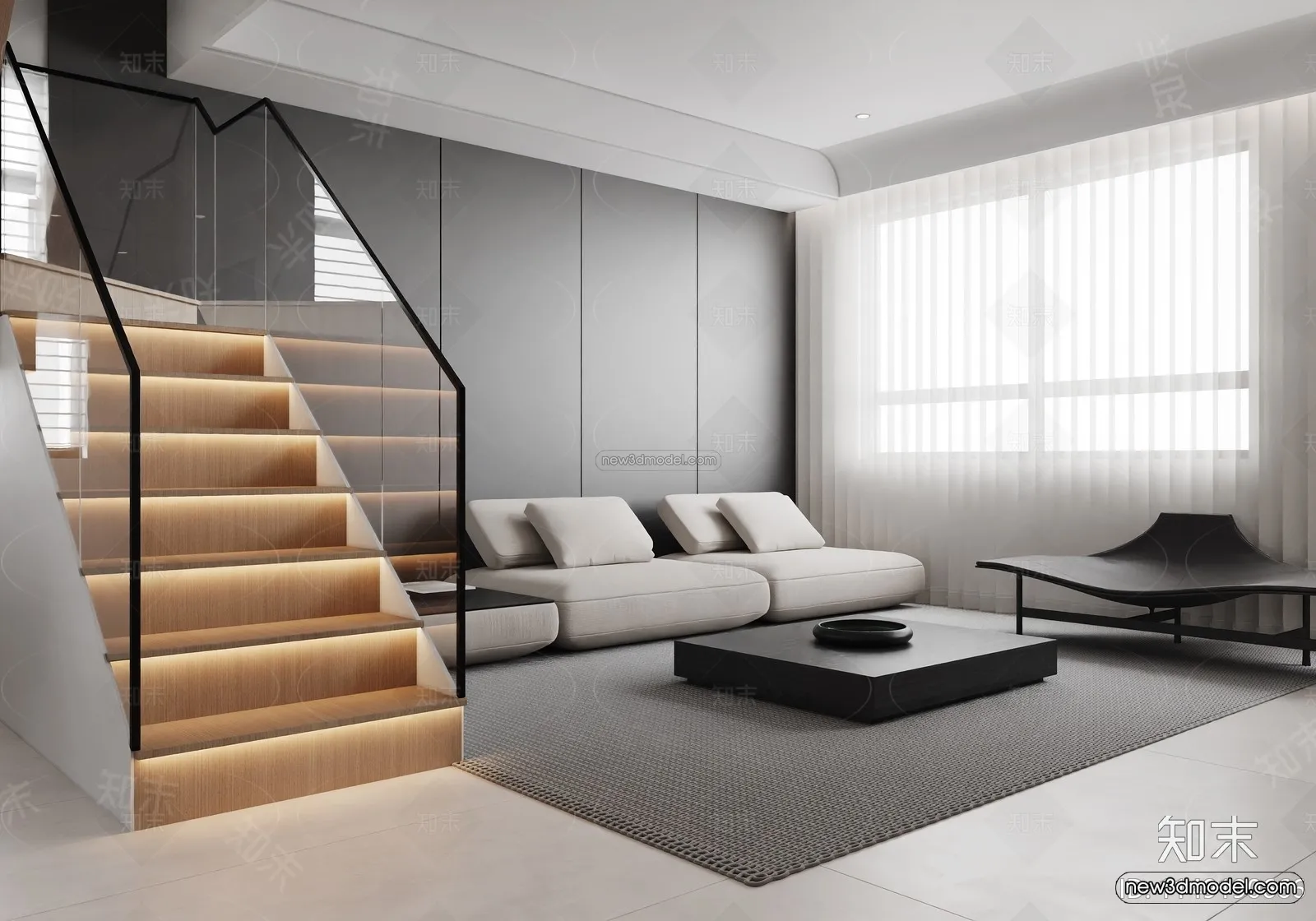Black - White - Gray Colors Interior 3D Blocks - Living Room 3D Scene - 060