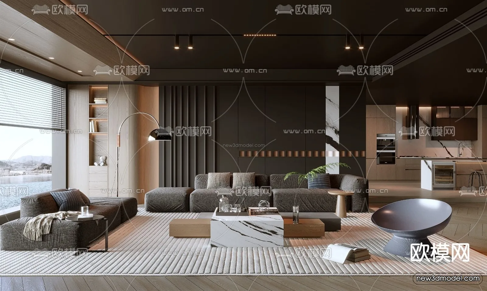 Black - White - Gray Colors Interior 3D Blocks - Living Room 3D Scene - 061